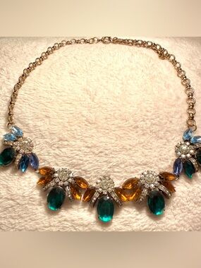 Vintage Late 60s Gold-Tone Statement Necklace with Teal and Amber Crystal Drops